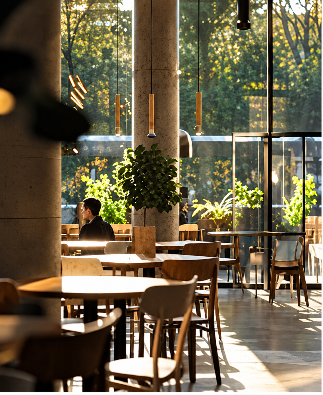 Het lichte interieur van PIER40 met lange tafels en uitzicht naar buiten